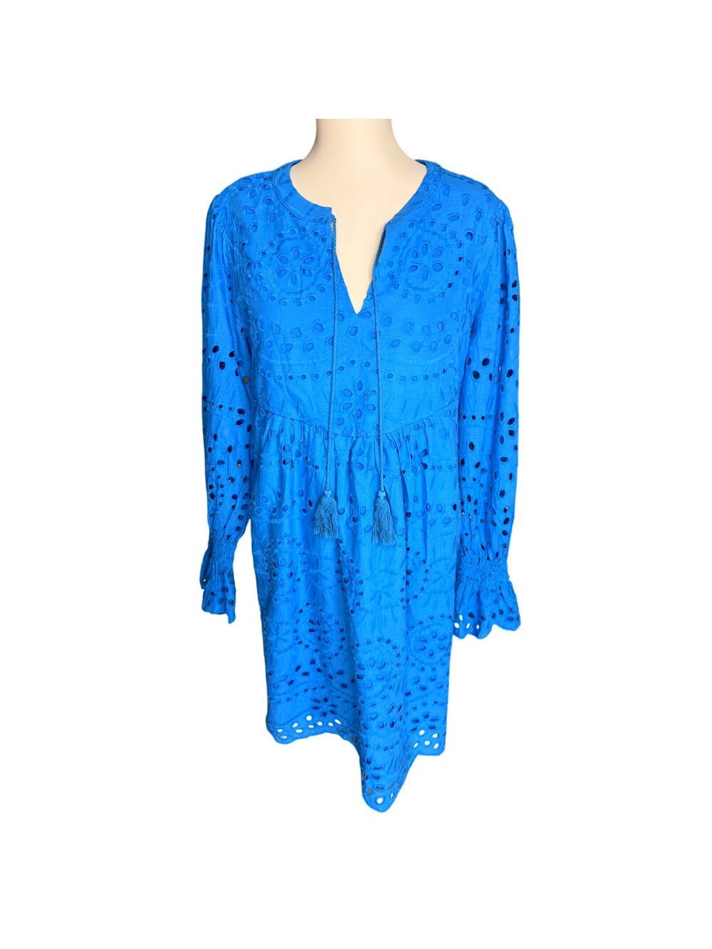 Dokotoo Blue Eyelet Embroidered Cotton Boho Tunic Dress XL Tassel Sleeve